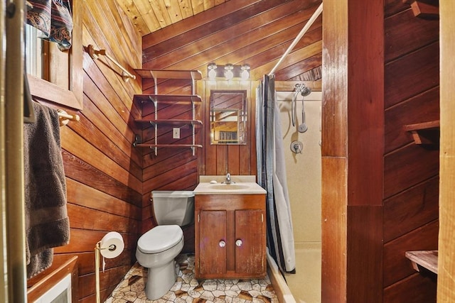 210 Plain Dr, Stoughton, MA 02072 - bathroom with wood walls, a shower with shower curtain, and vanity
