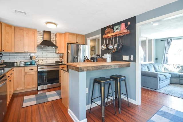 kitchen featuring light brown cabinetry, a breakfast bar area, decorative backsplash, stainless steel appliances, and wall chimney exhaust hood