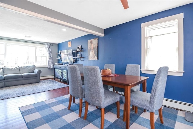 dining room featuring beam ceiling, wood finished floors, recessed lighting, a baseboard radiator, and baseboards