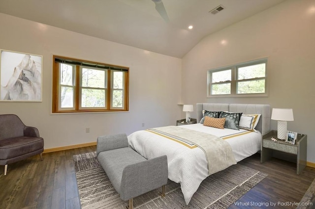 bedroom featuring wood finished floors, lofted ceiling, baseboards, and recessed lighting