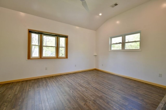 unfurnished room featuring dark wood-style floors, lofted ceiling, baseboards, recessed lighting, and ceiling fan