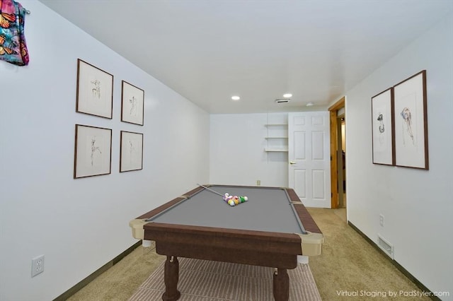 rec room featuring light colored carpet, recessed lighting, pool table, and baseboards
