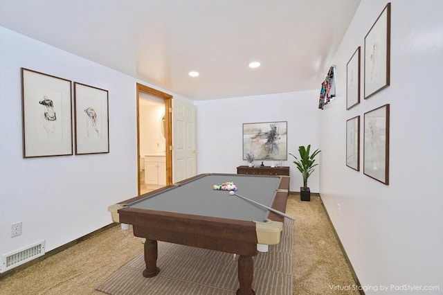 playroom with carpet floors, recessed lighting, baseboards, and pool table