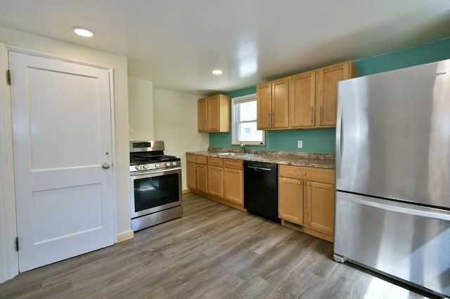 kitchen with appliances with stainless steel finishes, light wood finished floors, a sink, and recessed lighting
