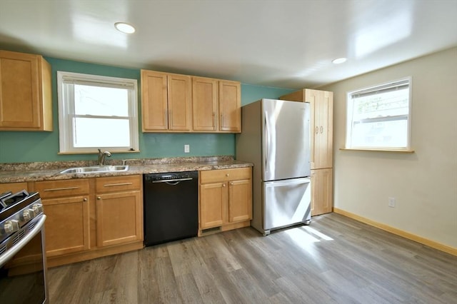 kitchen with stainless steel appliances, a sink, healthy amount of natural light, light wood-style flooring, and recessed lighting