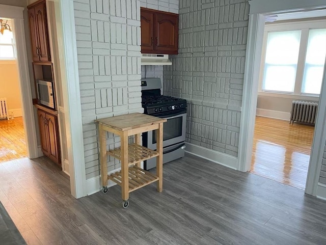 39 Barnard Rd, Worcester, MA 01605 - kitchen with gas range, radiator, range hood, and dark wood-style flooring