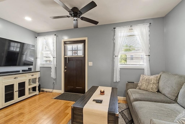 18 Doyle St, Lawrence, MA 01841 - living room featuring light wood-style floors, baseboards, ceiling fan, and recessed lighting