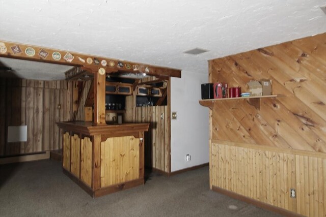 708 Berkley St, Berkley, MA 02779 - bar with carpet floors, a baseboard heating unit, a textured ceiling, wooden walls, and baseboards