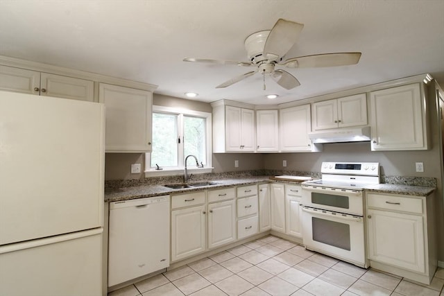 708 Berkley St, Berkley, MA 02779 - kitchen featuring white appliances, under cabinet range hood, a sink, light tile patterned floors, and ceiling fan