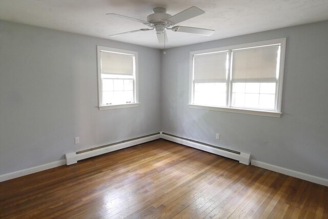 708 Berkley St, Berkley, MA 02779 - empty room with hardwood / wood-style floors, a ceiling fan, baseboards, and a baseboard radiator