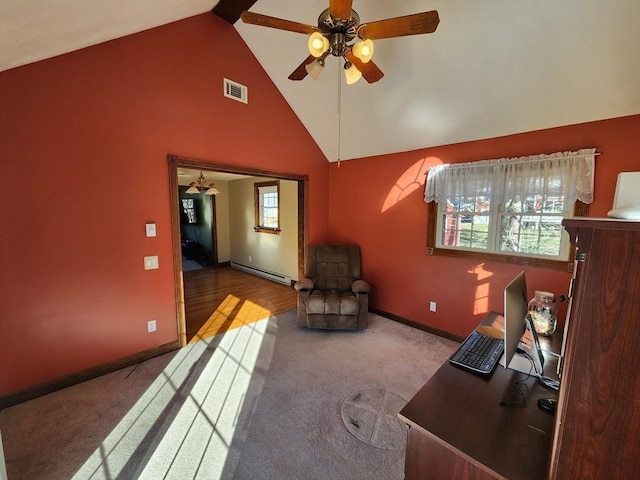 carpeted living room with ceiling fan, baseboard heating, and high vaulted ceiling