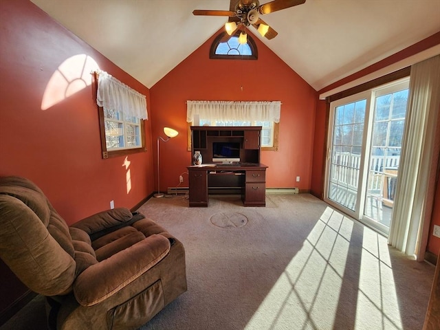 carpeted living room with ceiling fan, a baseboard radiator, and lofted ceiling