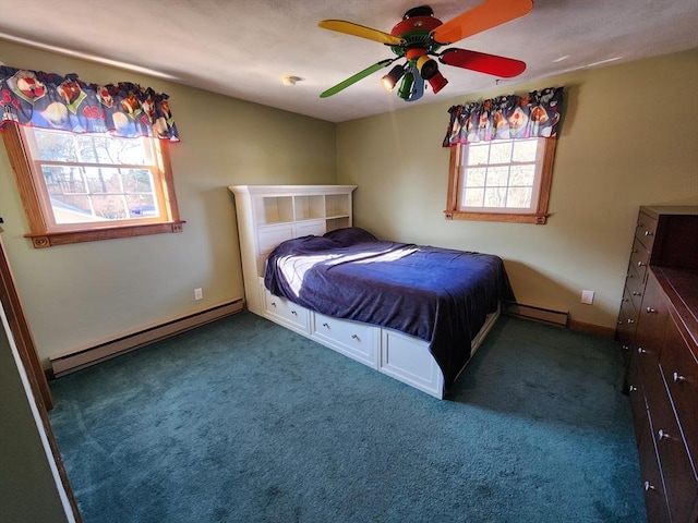 unfurnished bedroom with dark colored carpet, ceiling fan, and a baseboard radiator