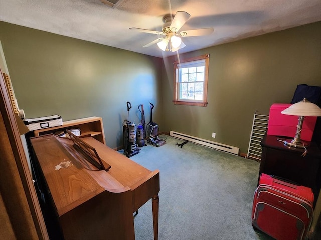 office area featuring carpet flooring, a textured ceiling, a baseboard radiator, and ceiling fan