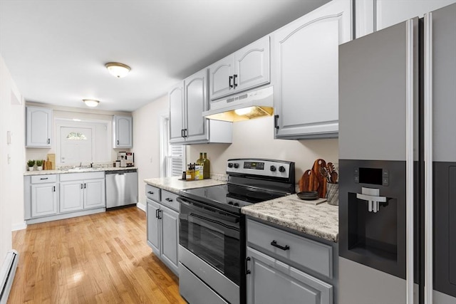 123 Ash St, New Bedford, MA 02740 - kitchen featuring stainless steel appliances, under cabinet range hood, gray cabinetry, a sink, and a baseboard heating unit