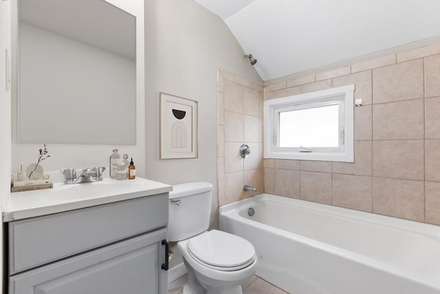 123 Ash St, New Bedford, MA 02740 - bathroom with vaulted ceiling, toilet, vanity, and shower / bath combination