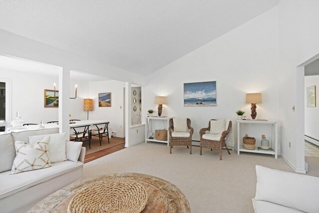3 Down Harbor Rd, Edgartown, MA 02539 - carpeted living area with baseboards, a baseboard heating unit, and high vaulted ceiling