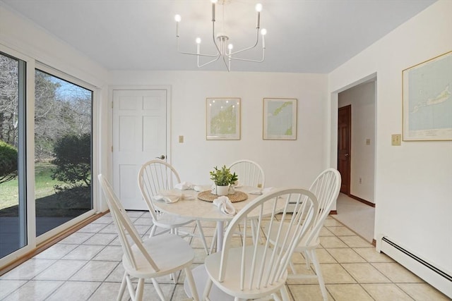 3 Down Harbor Rd, Edgartown, MA 02539 - dining room featuring a baseboard heating unit, light tile patterned floors, and a chandelier