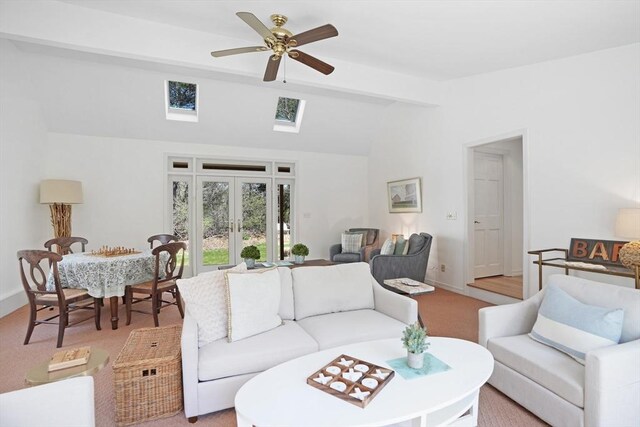 3 Down Harbor Rd, Edgartown, MA 02539 - living area with a ceiling fan, french doors, a skylight, and baseboards