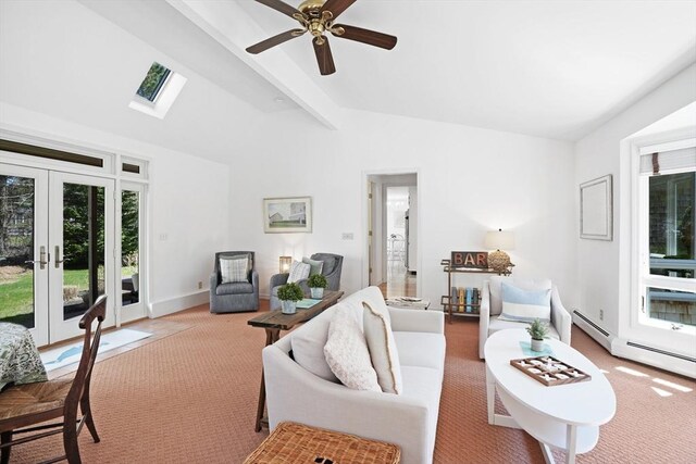 3 Down Harbor Rd, Edgartown, MA 02539 - living area featuring light colored carpet, french doors, a ceiling fan, and a skylight