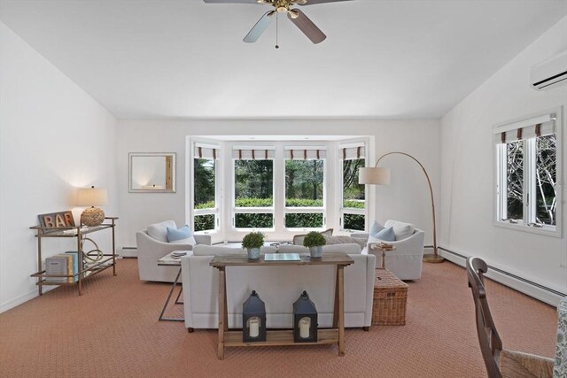 3 Down Harbor Rd, Edgartown, MA 02539 - living area with carpet flooring, a ceiling fan, baseboard heating, and baseboards