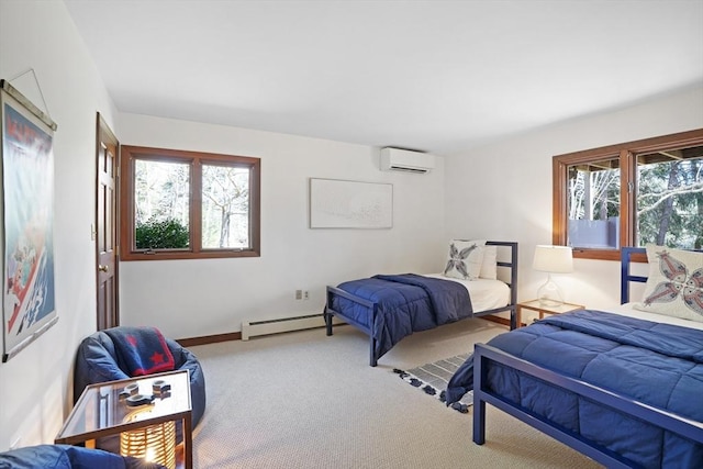 3 Down Harbor Rd, Edgartown, MA 02539 - bedroom featuring a baseboard radiator, carpet floors, a wall unit AC, and baseboards