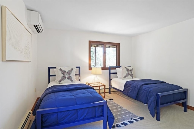 3 Down Harbor Rd, Edgartown, MA 02539 - bedroom with a wall mounted air conditioner, carpet, baseboards, and a baseboard radiator