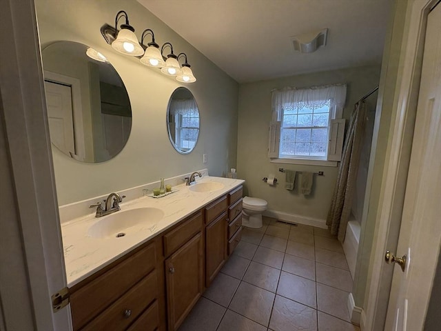 full bathroom with toilet, tile patterned flooring, shower / tub combo, and vanity