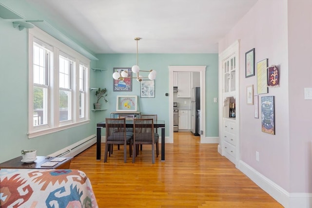 42 Lourdes Ave Unit 3, Boston, MA 02130 - dining area featuring a baseboard radiator, light wood finished floors, and a chandelier