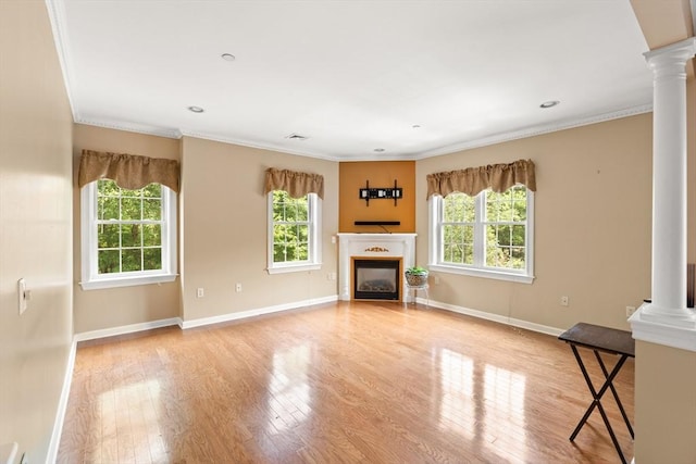 190 Chickering Rd Unit 201D, North Andover, MA 01845 - unfurnished living room with ornate columns, light wood finished floors, a fireplace, baseboards, and ornamental molding