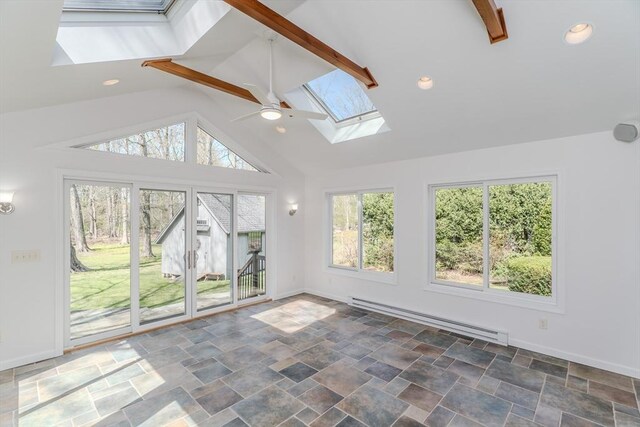 unfurnished sunroom featuring beamed ceiling, a skylight, and a baseboard radiator