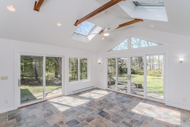 unfurnished sunroom featuring a skylight, beamed ceiling, and a baseboard heating unit