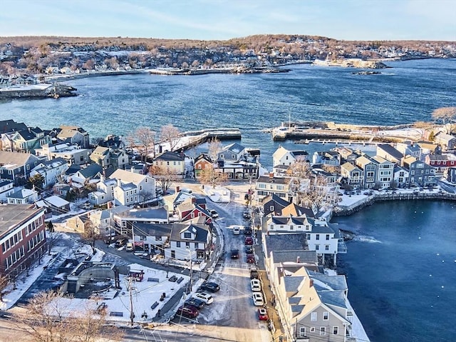 aerial view featuring a water view and a residential view