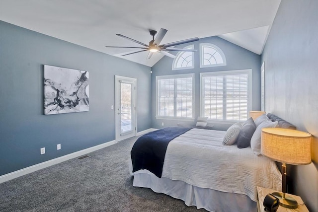 carpeted bedroom with ceiling fan, access to outside, baseboards, and vaulted ceiling