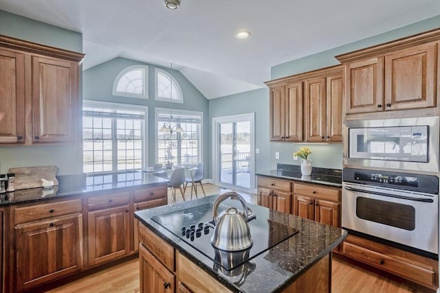 kitchen featuring lofted ceiling, light wood-style floors, plenty of natural light, and appliances with stainless steel finishes