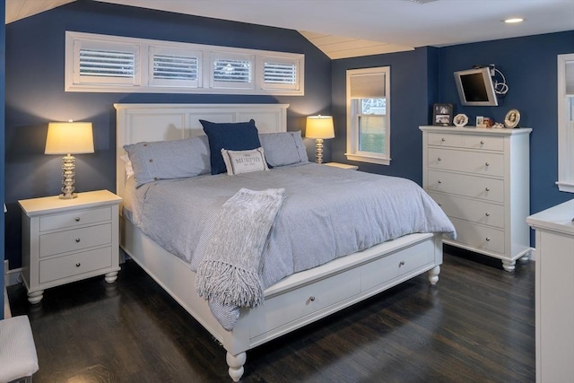 bedroom featuring lofted ceiling and dark wood-type flooring