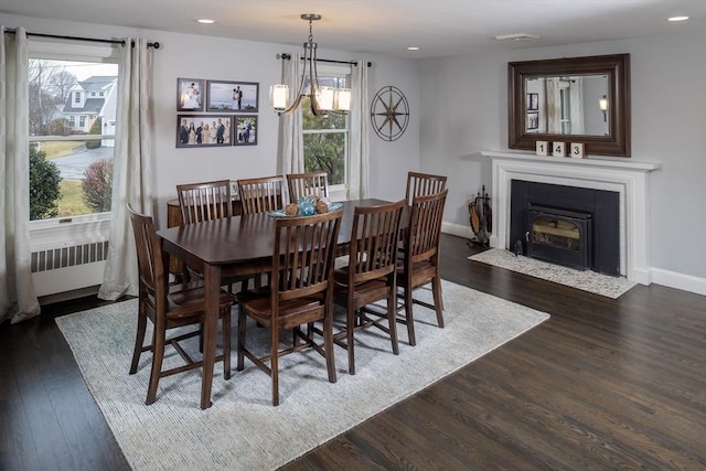 dining space with dark hardwood / wood-style flooring and radiator