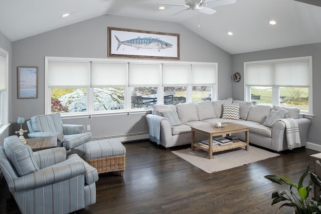 living room featuring ceiling fan, a baseboard radiator, dark hardwood / wood-style flooring, and vaulted ceiling