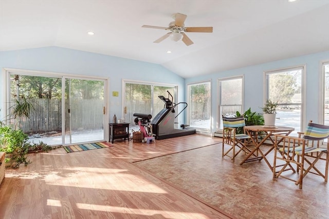 workout area with lofted ceiling, hardwood / wood-style floors, a healthy amount of sunlight, and ceiling fan