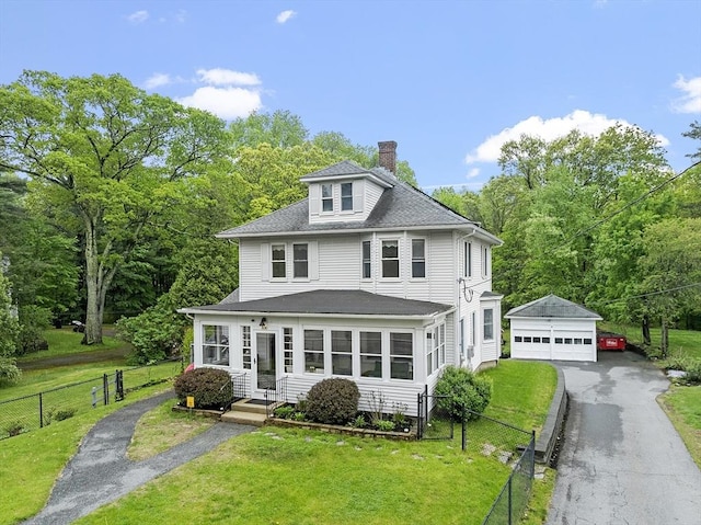 830 Massachusetts Ave, Lunenburg, MA 01462 - american foursquare style home with a chimney, an outdoor structure, a garage, roof with shingles, and asphalt driveway