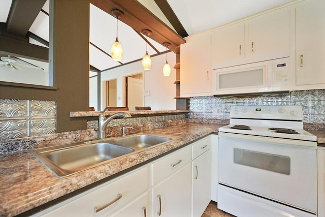 kitchen featuring a sink, backsplash, hanging light fixtures, and white appliances