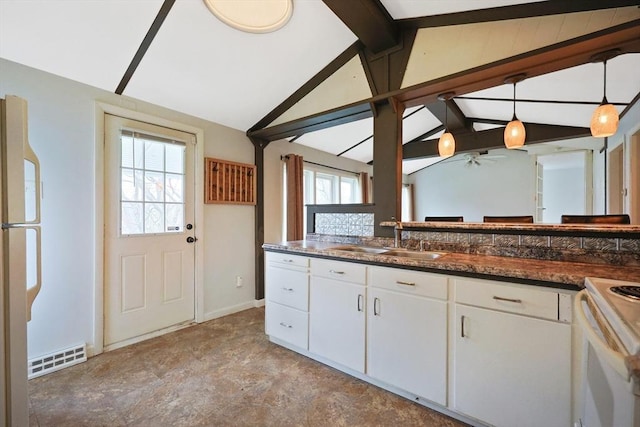 kitchen with lofted ceiling with beams, a sink, white cabinetry, visible vents, and white electric stove