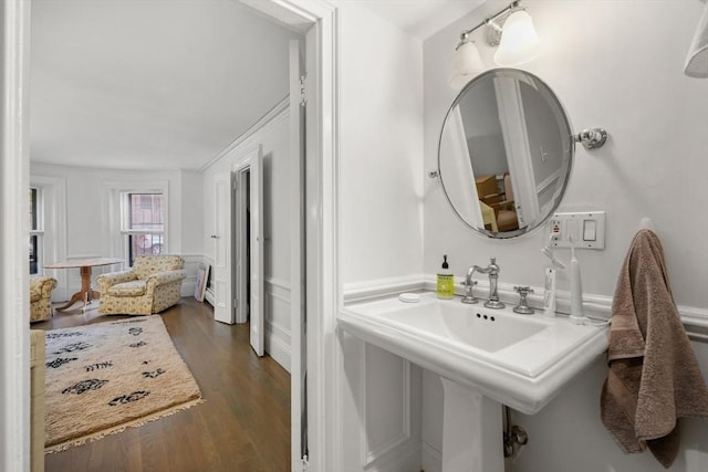 bathroom featuring wood finished floors, wainscoting, and a sink