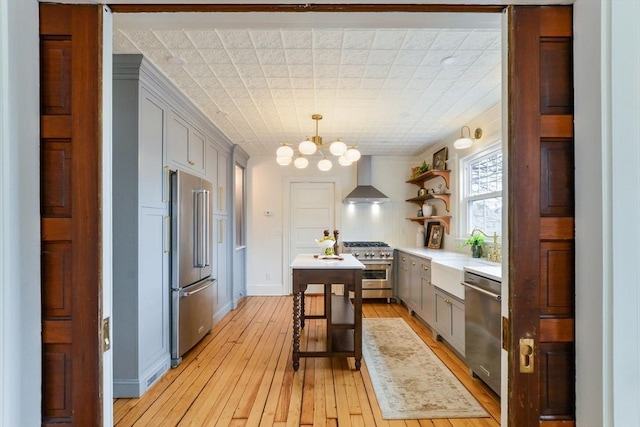 kitchen featuring wall chimney range hood, light countertops, premium appliances, gray cabinets, and a sink