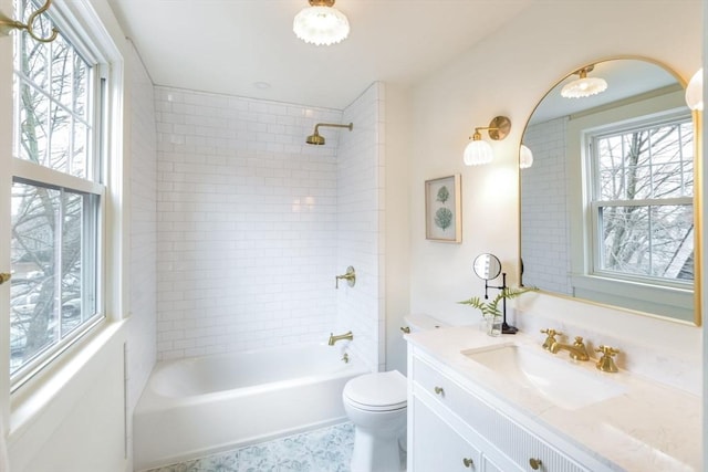 full bath with vanity,  shower combination, and toilet