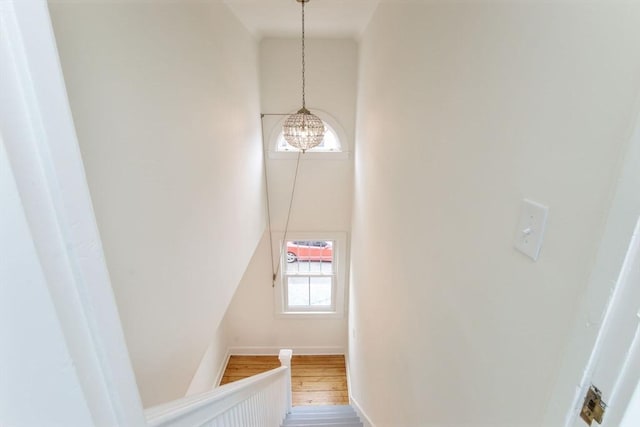 stairway with baseboards, wood finished floors, and a towering ceiling