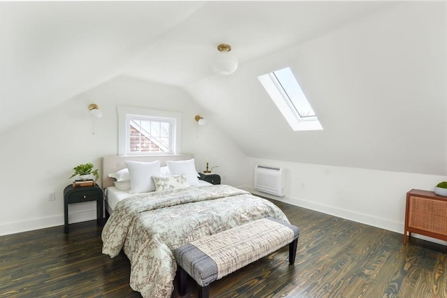 bedroom featuring baseboards, lofted ceiling with skylight, and dark wood-style floors