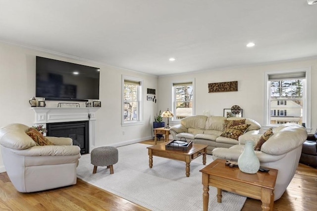 living area with baseboards, ornamental molding, a glass covered fireplace, and wood finished floors