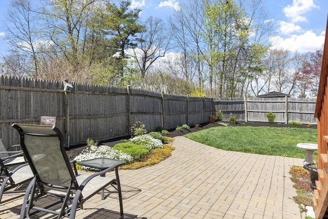 view of patio / terrace featuring a fenced backyard and outdoor dining area