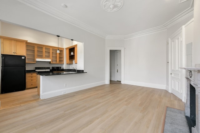 kitchen with light hardwood / wood-style floors, black fridge, kitchen peninsula, electric range oven, and ornamental molding